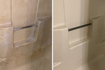before and after pic of a grimy shower made clean 