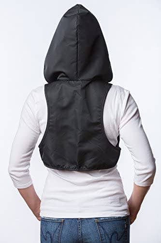 A model showing what the hood looks like under a jacket. It looks like a vest attached to a hood