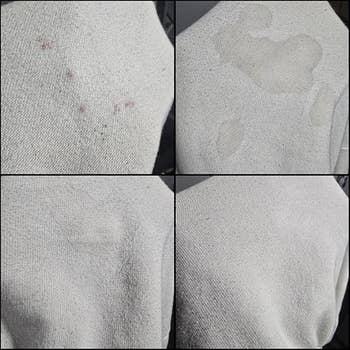 Four panels showing different stains and clean surfaces on fabric, demonstrating cleaning effectiveness