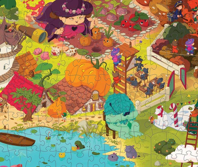 the puzzle showing a farm and village with various witches