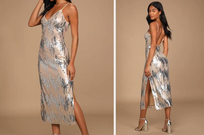 Model in silver and rose gold striped sequin midi dress
