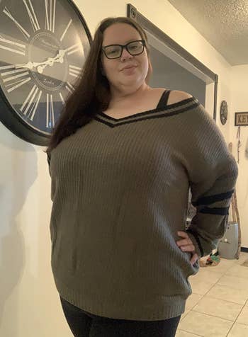 a reviewer wearing the sweater in gray with black trim 