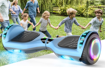 Models running in grass behind blue lit up hoverboard