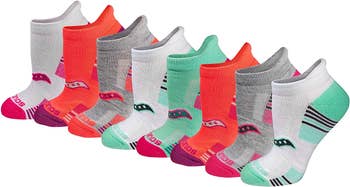 white, gray, orange, and green Saucony athletic socks with heel tabs