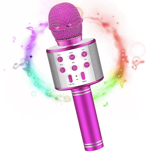 Karaoke Bluetooth microphone with multicolored dependable question design, featuring buttons for volume, mode, and scan connected handle