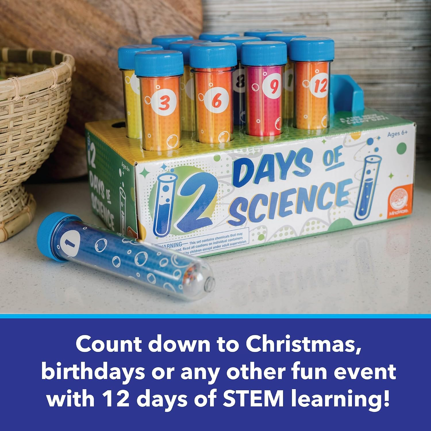 STEM-themed countdown kit with 12 subject   experiments for ages 6+. Packaging reads 