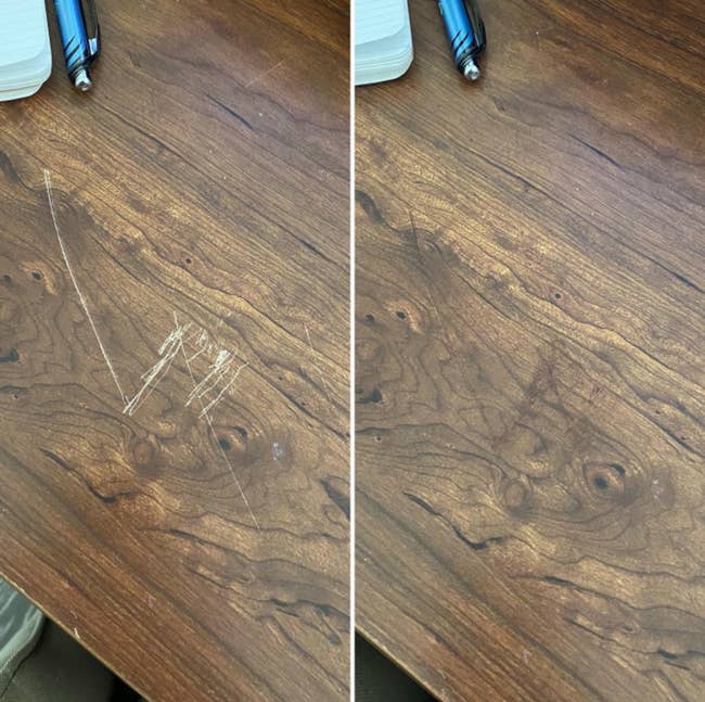 A reviewer's scratched laminate before using the product / A reviewer's laminate with less noticeable scratches