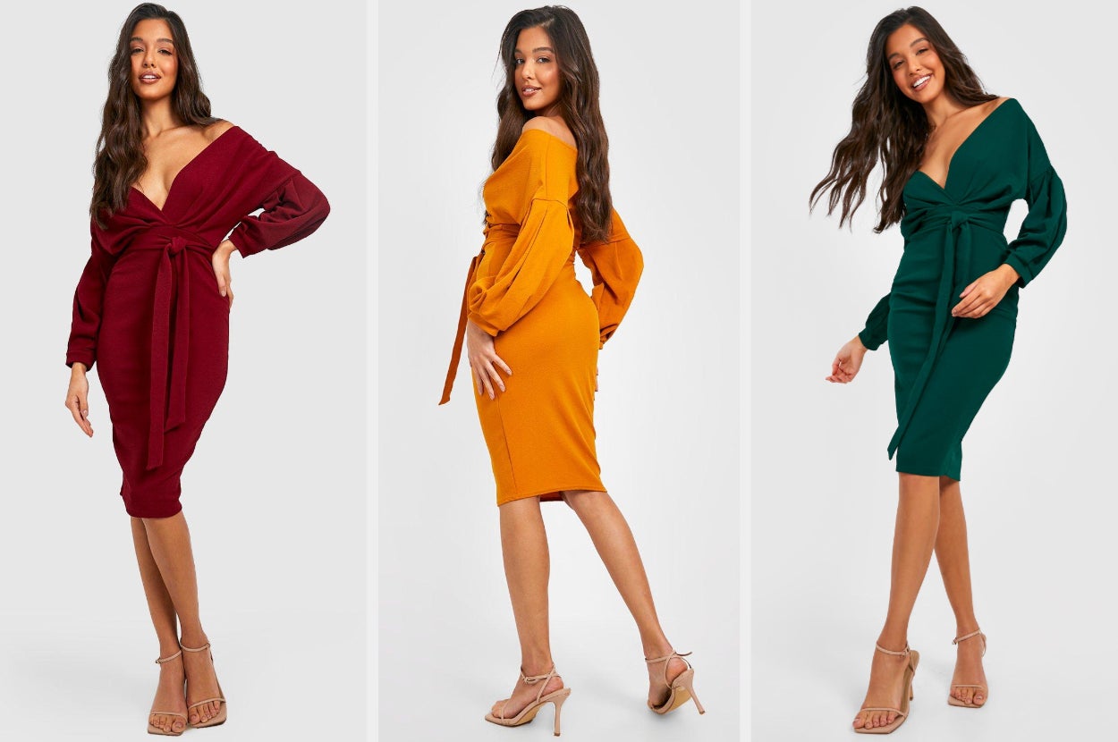 Three images of a model wearing red, orange, and green dresses