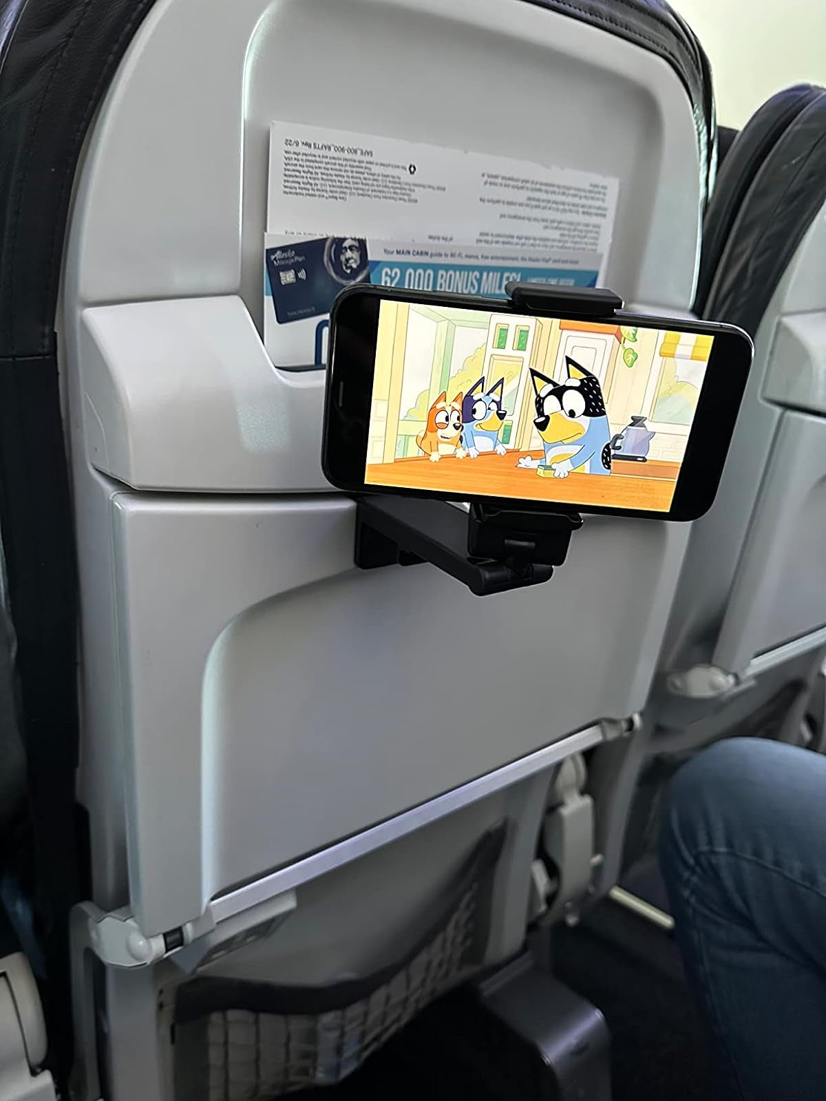 a phone mounted on a seatback tray