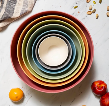 Vew of the nesting bowls stacked inside of each other from the top