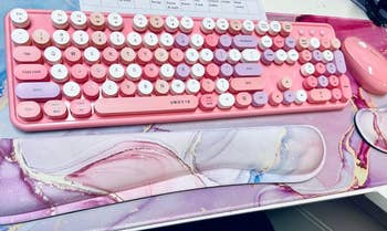 reviewers pink and purple keyboard