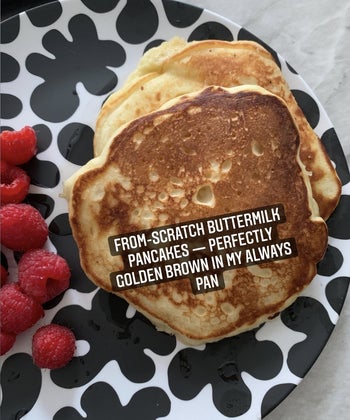 buzzfeed editor showing perfectly golden brown from scratch pancakes made in her always pan