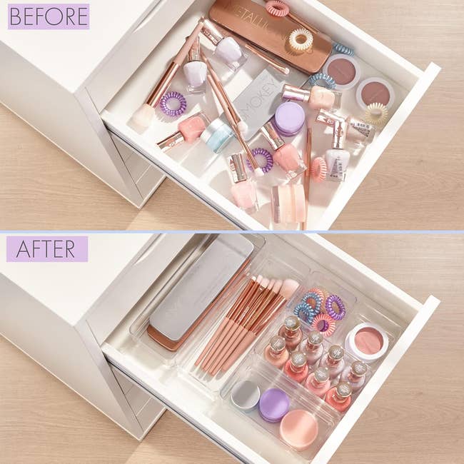 open drawer with mess of products and then the same drawer organized with the containers