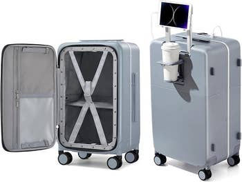 Smart suitcase with unfastened  interior and closed presumption    showing built-in tablet holder and cupful  holder, perfect  for tech-savvy travelers