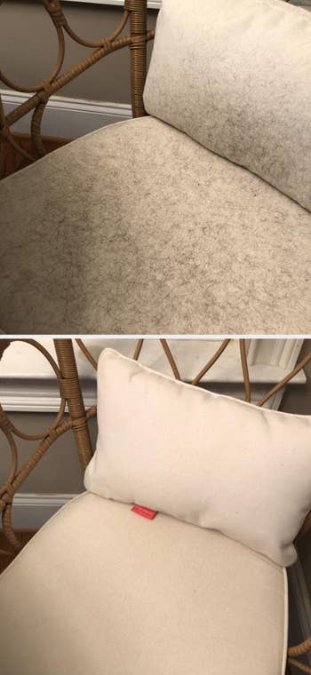 a before/after of a reviewer's white chair filled with fur and then completely clean