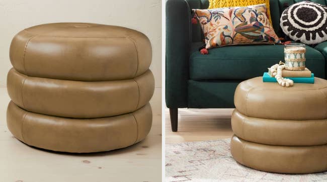 Two images of the brown ottoman 