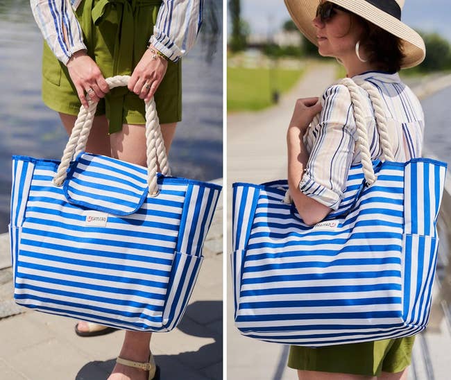 model holding blue and white striped beach bag