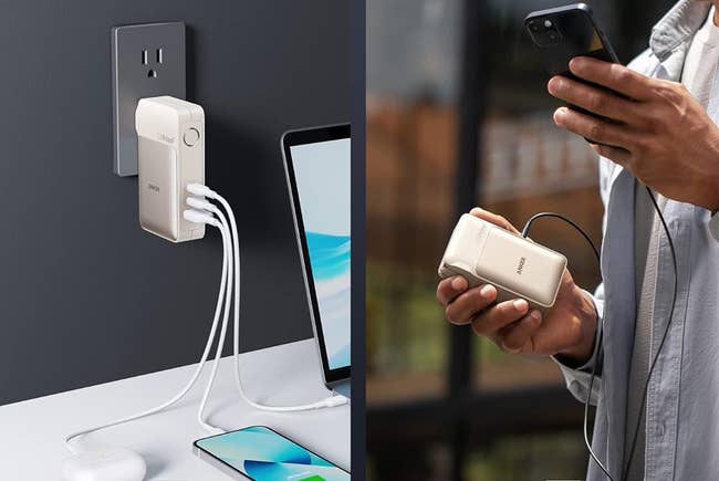 beige charger charging three devices at once and model using it as a portable charger