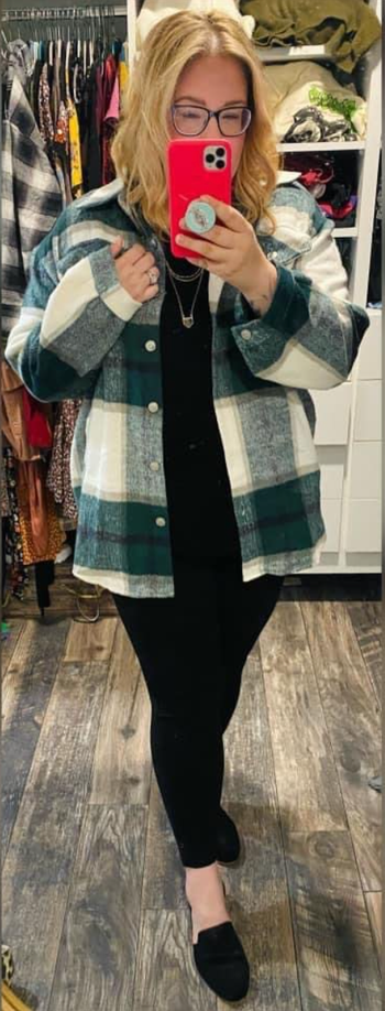 reviewer mirror selfie wearing the green plaid shacket