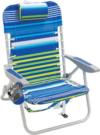 the blue and green striped beach chair