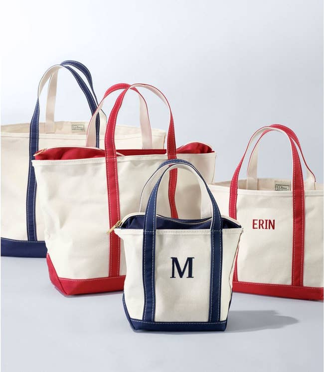 the tote in different sizes in blue and red