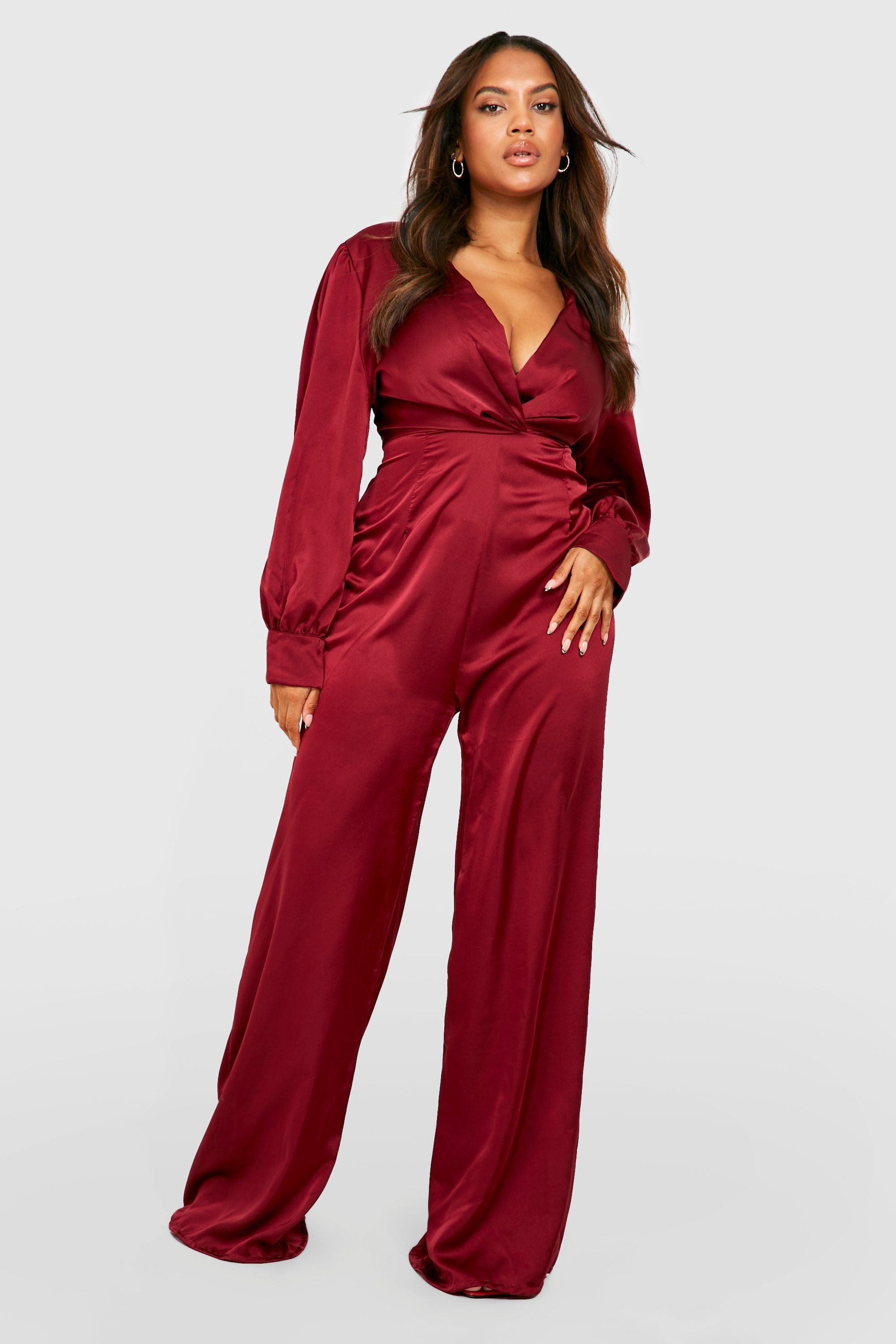 model posing in the red jumpsuit