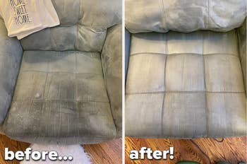 A reviewer's before and after photo of their sofa, which was once stained and splotched and is now free of marks after using the machine