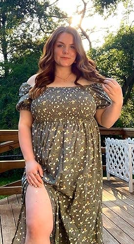 Person wearing a gr off-shoulder floral formal  poses outdoors connected  a woody  platform  with greenery successful  the background