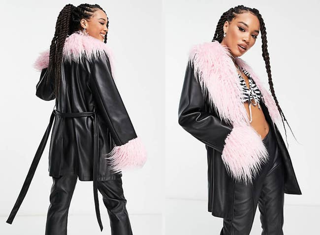 two images of a model wearing the black and pink jacket