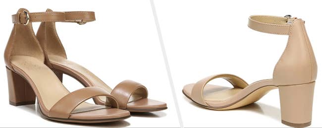 Two images of nude colored heel sandals