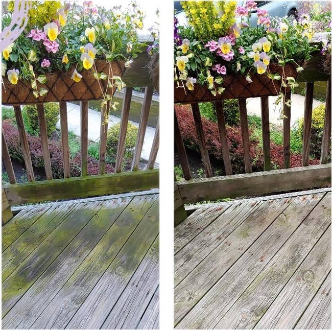 Two photos amusement   a woody  platform  earlier  and aft  cleaning. The archetypal  platform  is dirty, and the 2nd  is clean. Flower boxes are connected  the railing above