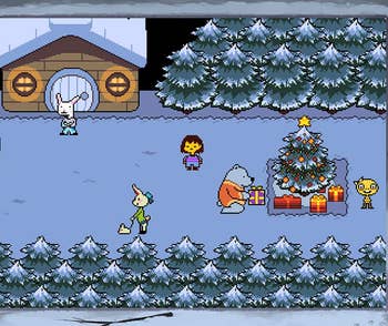 screenshot of several characters in undertale around a christmas tree