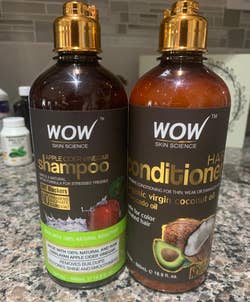 A reviewer's photo of the shampoo and conditioner