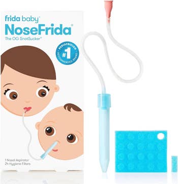 nasal aspirator packaging with device, filters, and illustrated usage guide