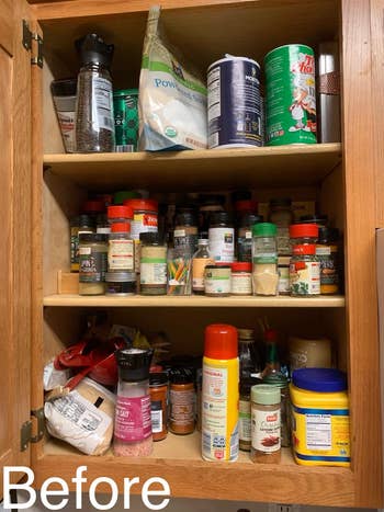 Reviewer's open pantry shelf stocked with assorted spices, jars, and food items, with 