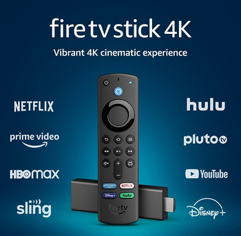 the fire stick surrounded by names of all of the streaming services it's compatible with