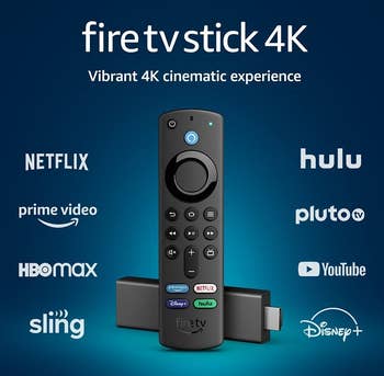 the fire stick surrounded by names of all of the streaming services it's compatible with