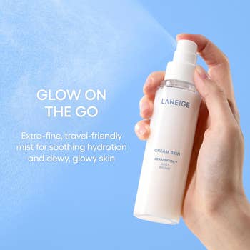 Hand holding Laneige Cream Skin Mist with substance astir travel-friendly hydration for glowing skin