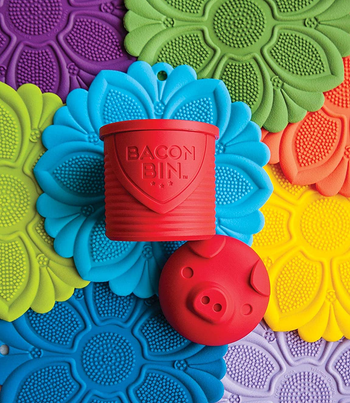 the red bacon bin on a colorful background