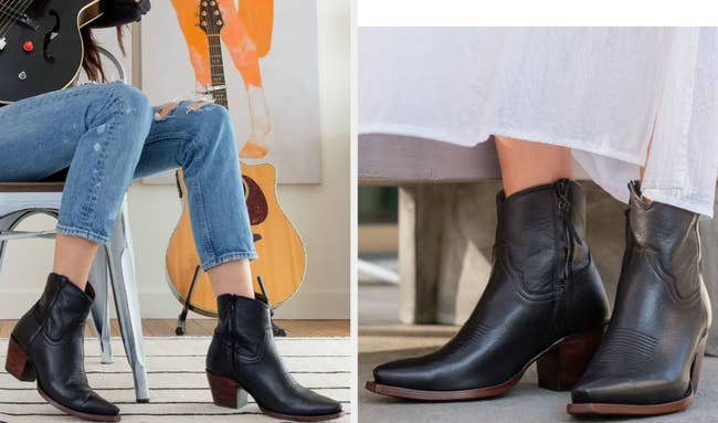 Two images of models wearing black booties