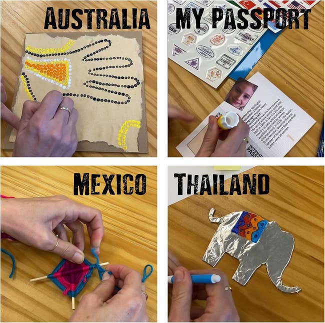 Australia dot painting, Mexico yarn weaving, Thailand elephant foil art, and a personalized passport