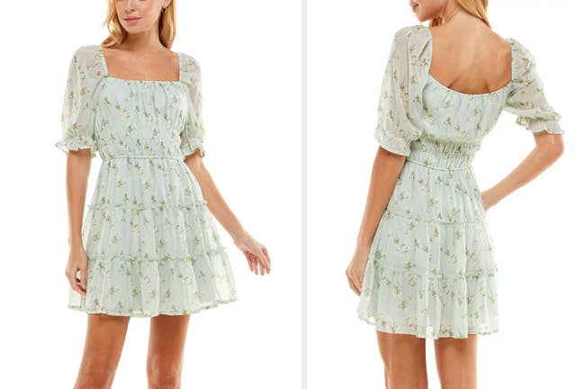 Model showing front and back view of chiffon floral sage green dress