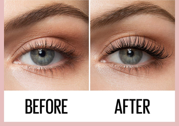 before and after of a model's eyelashes without and then with the mascara on them