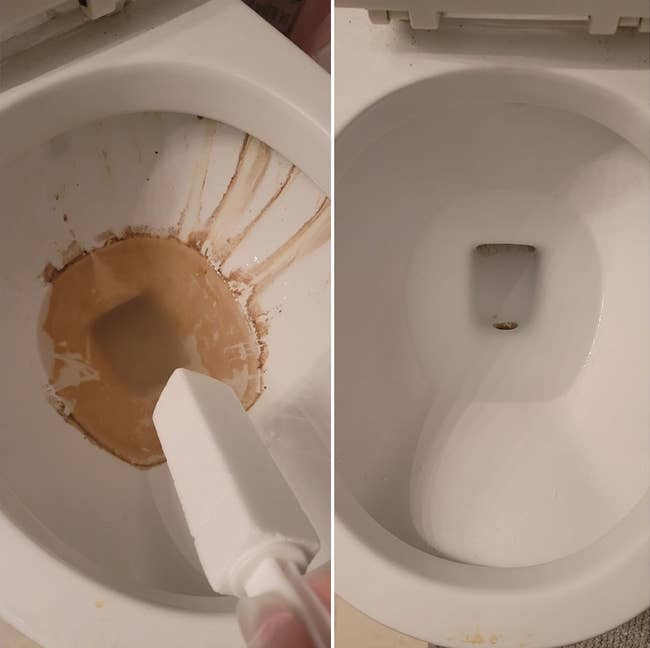 Before and after photos of a toilet bowl being cleaned with the stone