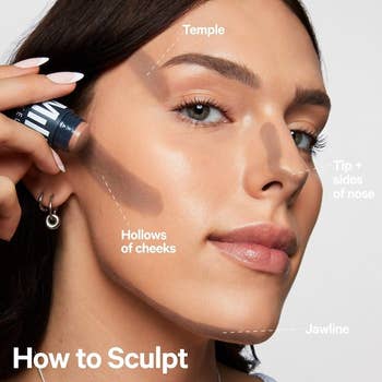 a model applying the contour stick and showing where to apply it