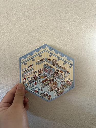 Hexagonal insubstantial  with a elaborate  illustration of a miniature bakery, featuring shelves, baked goods, and tiny   figures