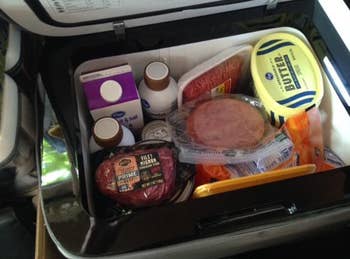 reviewer image of all the food stored inside the car fridge