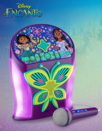 the colorful encanto karaoke machine with mirabel and isabella on it