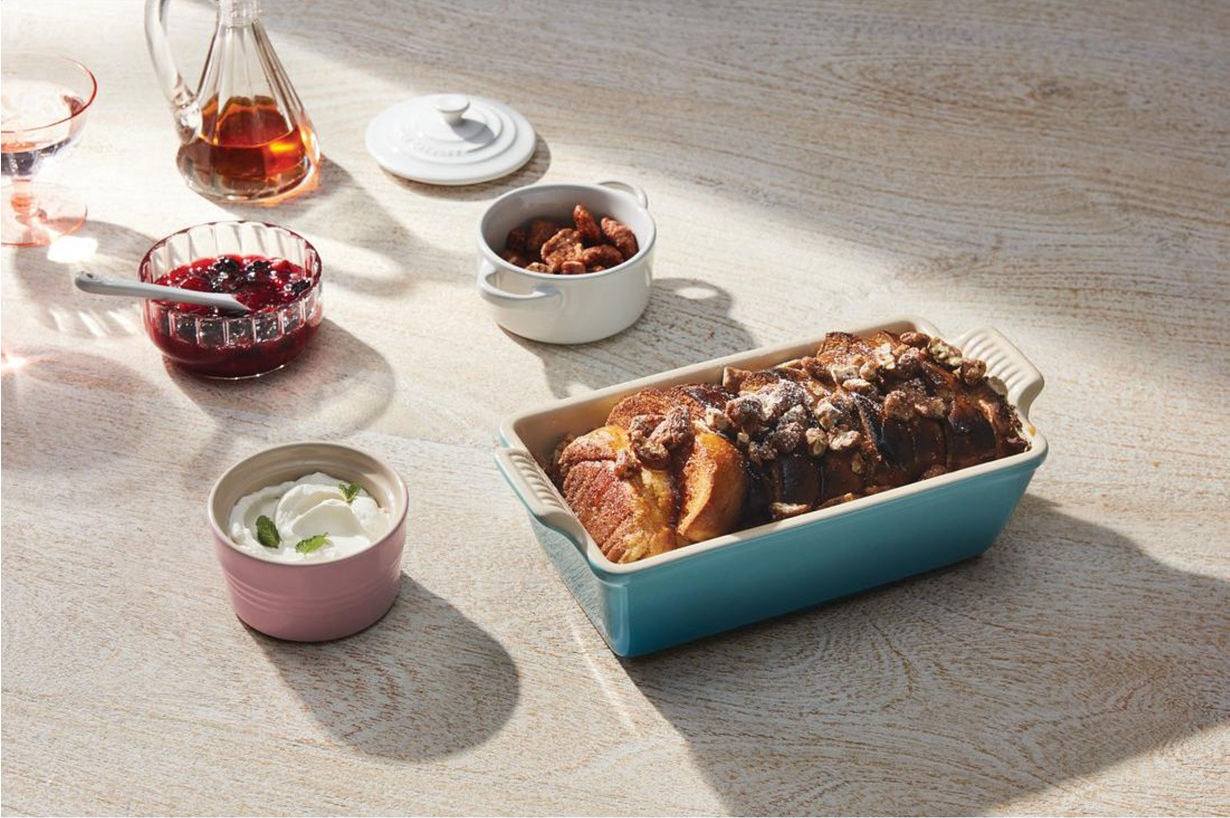 the teal loaf pan with bread inside