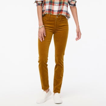 front view of model wearing the golden brandy color pants